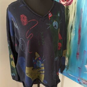 Whimiscal colorful v neck large pocket womens kitty cat sweater M L